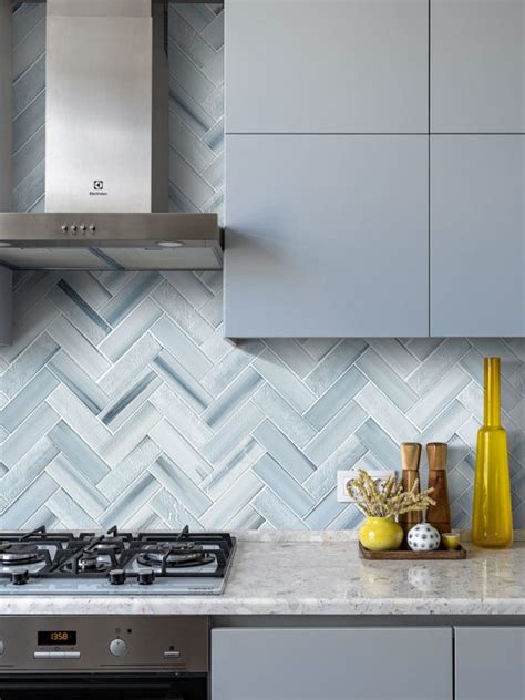 Blue Glass Large Herringbone Mosaic Backsplash Tile