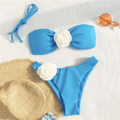 Womens Blue Floral Bow Bikini Set High Waisted Swimwear On Luulla