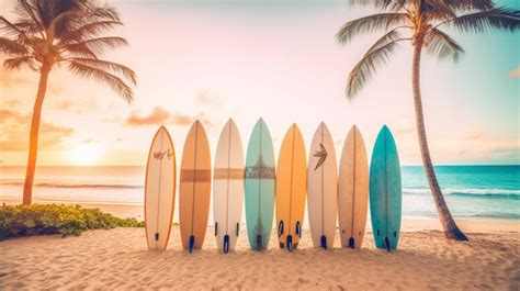 Premium Ai Image A Row Of Surfboards On A Beach With Palm Trees In