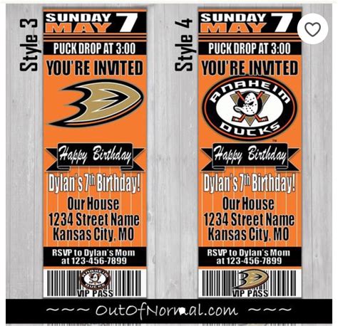 Anaheim Ducks NHL Hockey Ticket Style Invitation