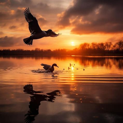 Premium Photo | Ducks flying during a sunset