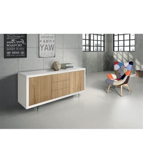 Credenza Moderna Bianco E Rovere Con Piedi In Vetro Spazio Casa