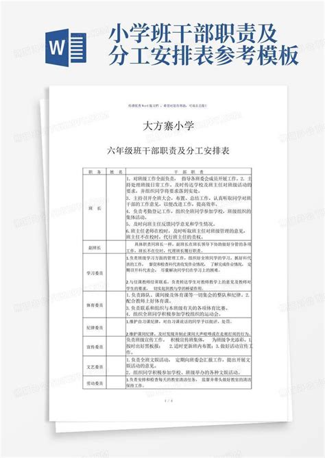 小学班干部职责及分工安排表 参考word模板下载编号qvznrvxj熊猫办公