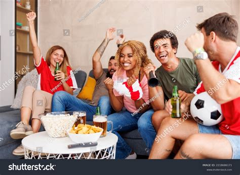 Group Cheerful Football Fans Having Fun Stock Photo 2218686171