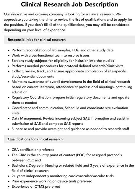 Clinical Research Job Description Velvet Jobs