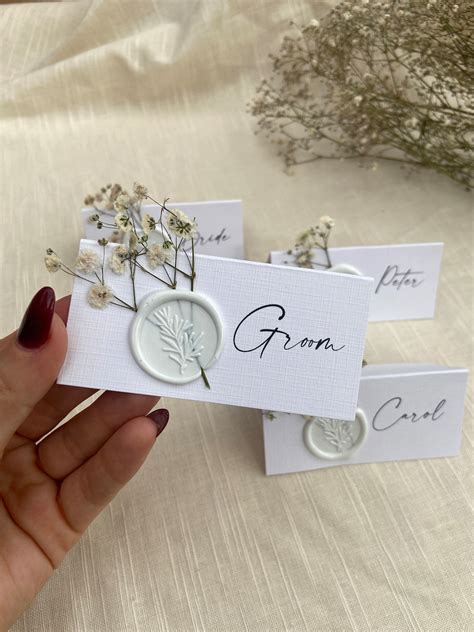 Gypsophila Wedding Name Place Cards With White Wax Seal Etsy