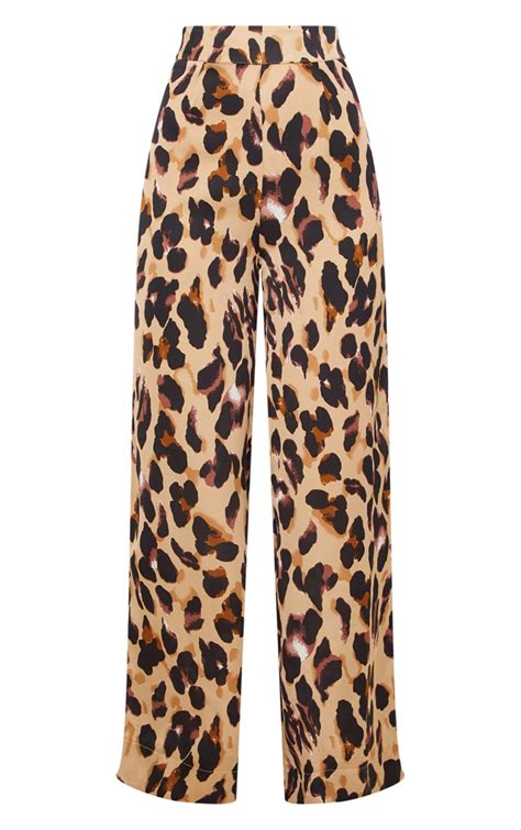 Leopard Print Satin Wide Leg Trousers Prettylittlething