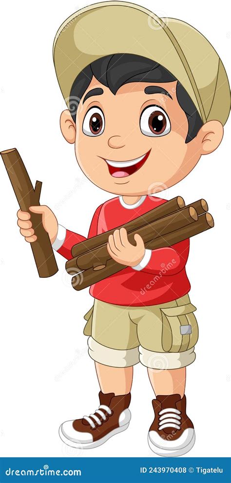 Scout Boy With Firewood Scouting Kid Character Wearing Uniform