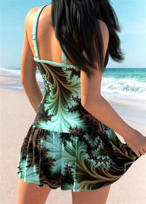 Tropical Plants Print Bowknot Mint Green One Piece Swimwear Rosewe