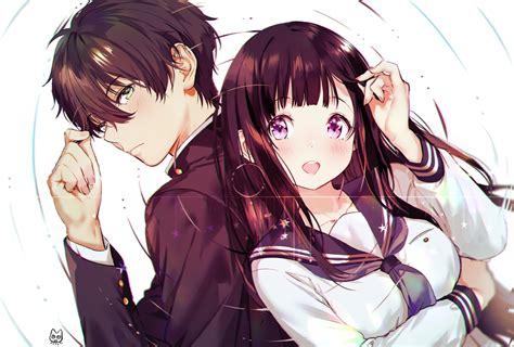 Black Hair Blush Breast Hold Breasts Chitanda Eru Green Eyes Hyouka Long Hair Male Mery