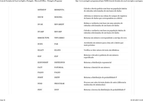 Lista de formulas de excel em inglês e português microsoft office