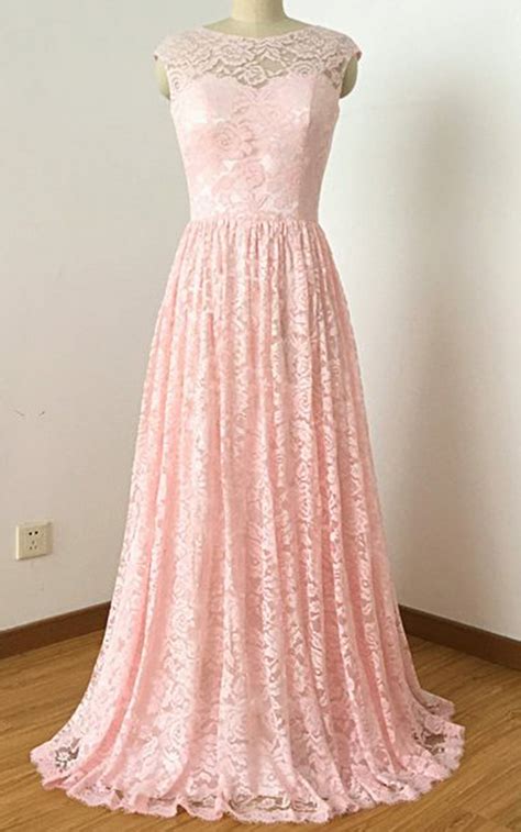 Bright Pink Lace Cap Sleeve Custom Made Long Prom Dress Bridesmaid