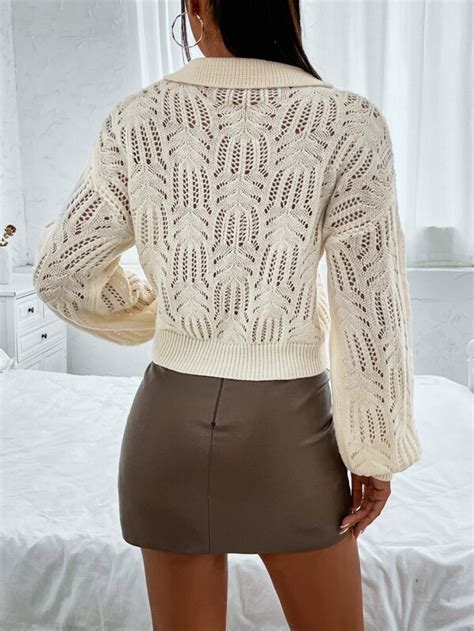 Shein Priv Pearls Beaded Collared Pointelle Knit Drop Shoulder Sweater