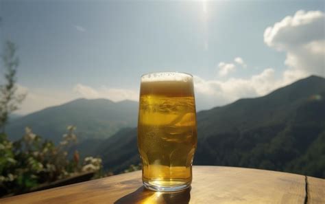 Premium Photo A Glass Of Lager Beer On A Table On A Mountain