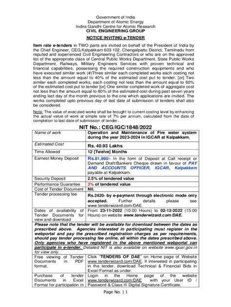 Fillable Online Notice Inviting Tenders Indira Gandhi Centre For