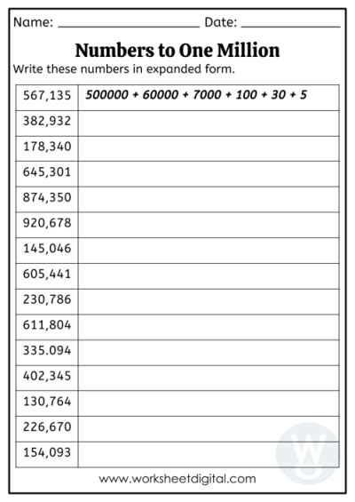 Numbers To One Million Worksheet Digital