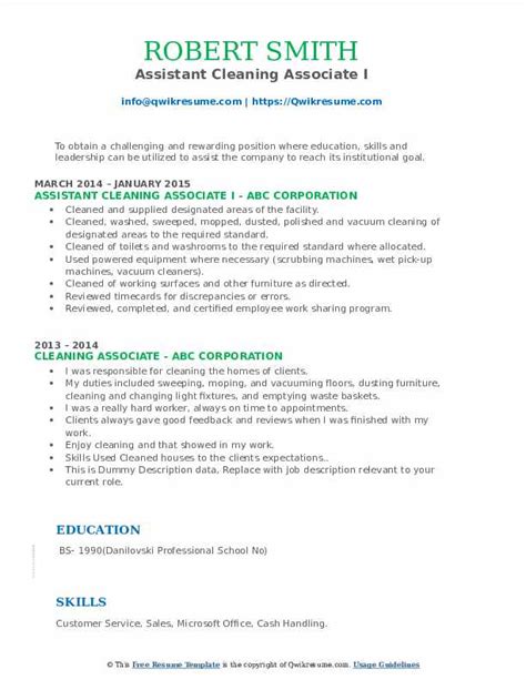 Cleaning Associate Resume Samples Qwikresume