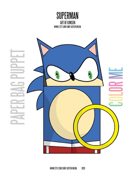 Printable Sonic The Hedgehog Paper Bag Puppet Cut Out B W Etsy Canada