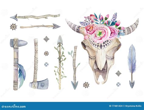 Watercolor Cow Skull With Flowers And Feathers Decoration Boho Royalty