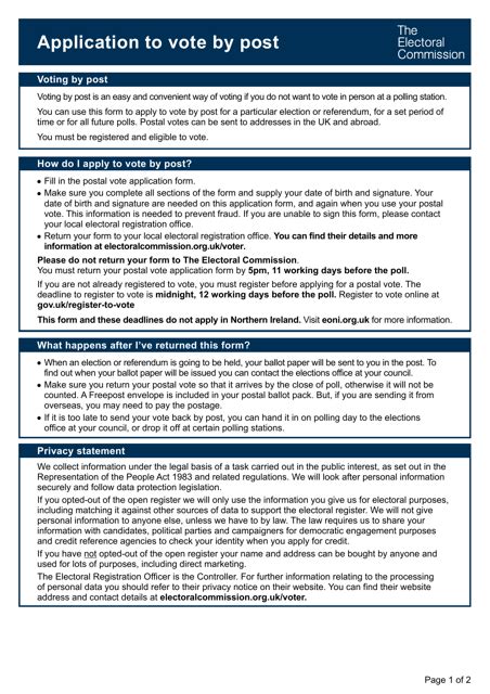 United Kingdom Application To Vote By Post Fill Out Sign Online And