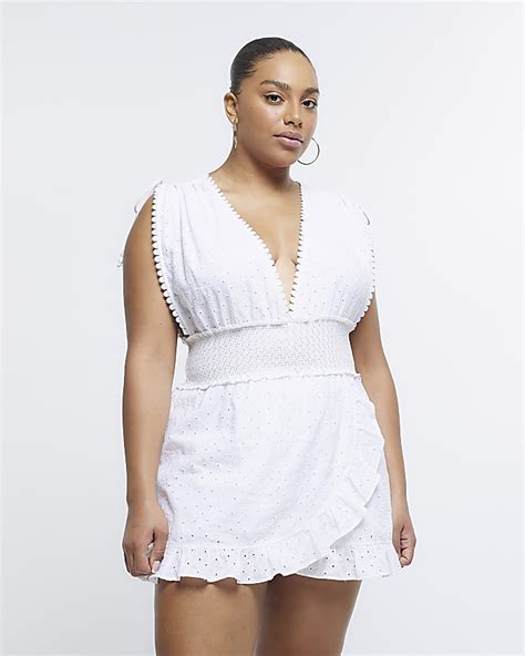 Plus White Plunge Broderie Playsuit River Island