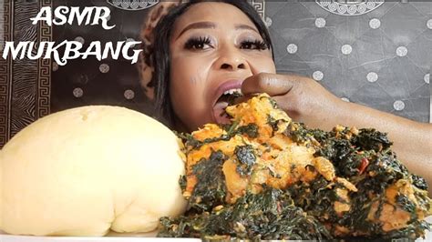 ASMR AFRICAN FOOD POUNDO FUFU WITH SPICY EFO RIRO SOUP NIGERIA MUKBANG