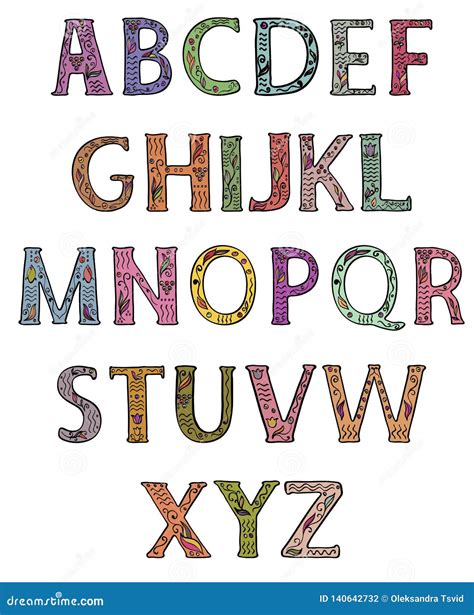 Alphabet Capital Letters Decorated With Colored Floral Patterns Stock