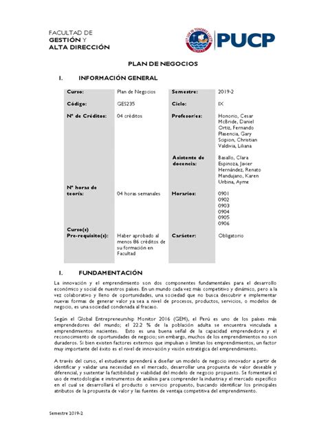 Sílabo De Plan De Negocios Pdf Gestión Estratégica Iniciativa