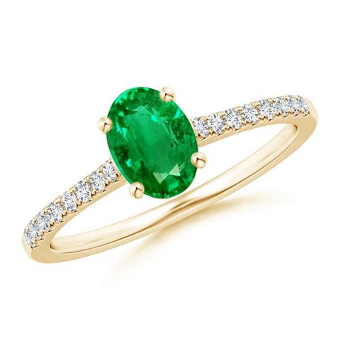 Classic Prong Set Oval Emerald Ring With Diamond Studded Shank Angara