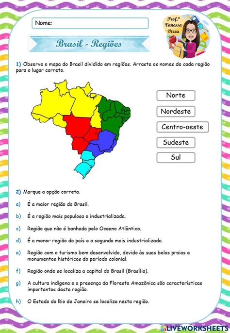 Brasil regiões worksheet Avaliação de geografia Atividades de