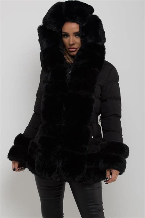 Womens Puffer Jacket With Fur Hood Cuff And Trim Black Uk