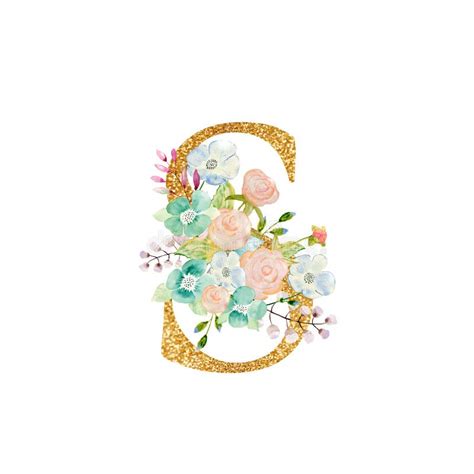 Watercolor Floral Bouquet And Alphabet Gold Letter R With Flowers