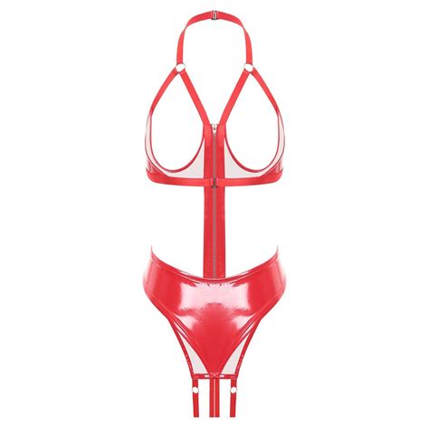 Women Bodysuit Lingerie Leotard Patent Leather Romper One Piece