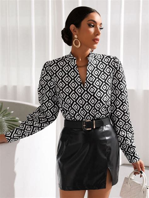 Geo Print Allover Puffed Puff Sleeve Blouses For Women Leather