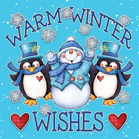 Three Penguins Wearing Hats And Scarves With The Words Warm Winter Wishes