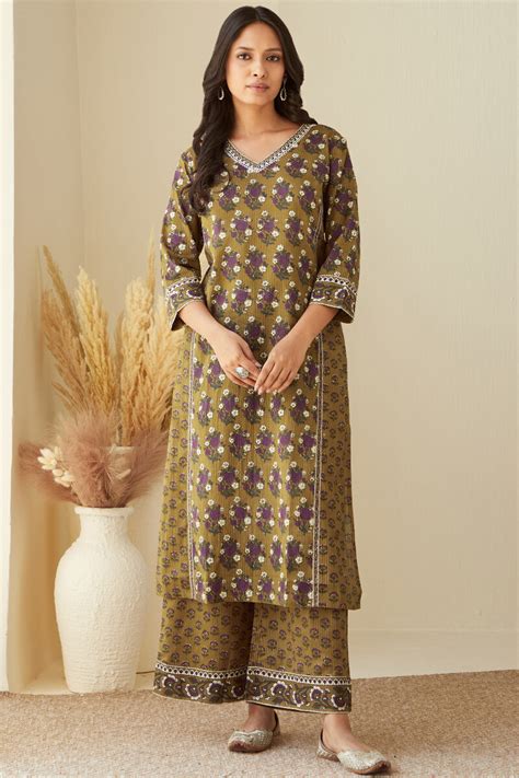 Buy Mustard Hand Printed Straight Cotton Dobby Kurta For Women Fgmk