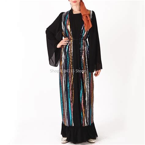 Sequin Cardigan Vestido Hijab Mu Ulmano Kaftan Abaya Aberto Turquia