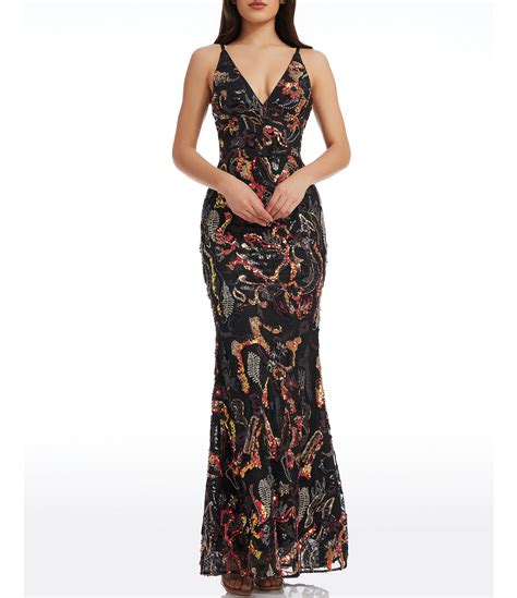 Dress The Population Sharon Abstract Sequin Print V Neck Sleeveless Mermaid Gown Dillards