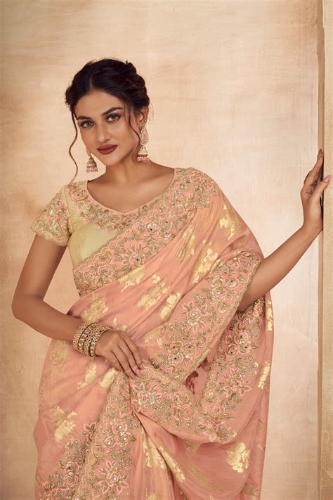 Peach Art Silk Floral Woven Saree With Embroidery Sequin Border