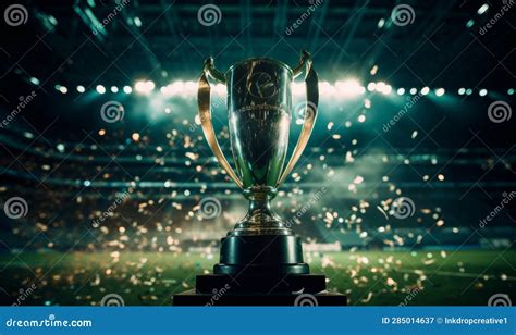 A Winners Trophy with Celebration Confetti and Glitter in a Sports Stadium. Winning Team Concept ...