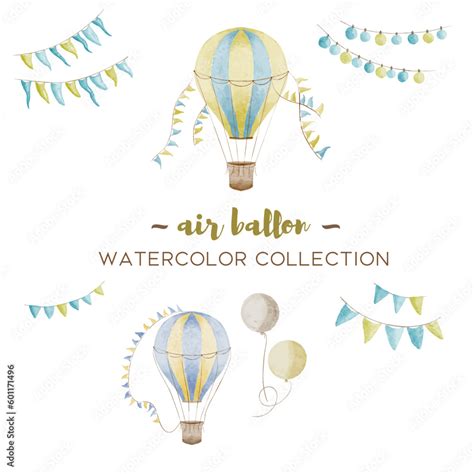 Vector Hot Air Balloon Designs In Various Watercolor Styles For Graphic Designs And Cards Stock