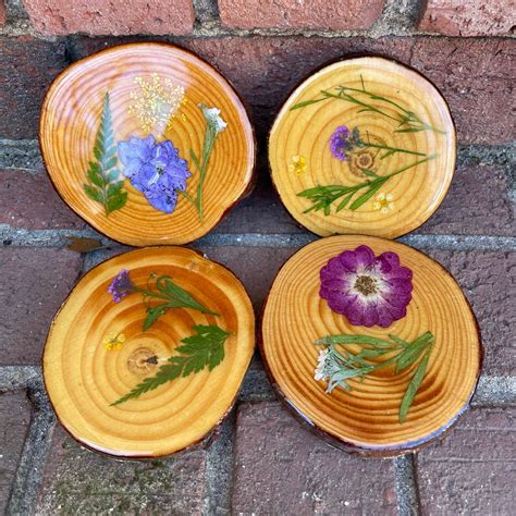 Pressed Flower Coasters Wooden Coaster Set Floral Coasters Etsy