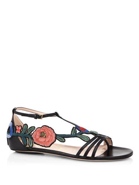 Gucci Leather Ophelia Floral Embroidered Flat Sandals In Black Lyst