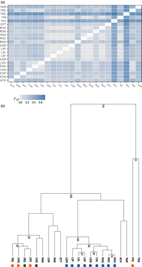 A Heatmap Of Pairwise FST Values Between Each Sample Site B