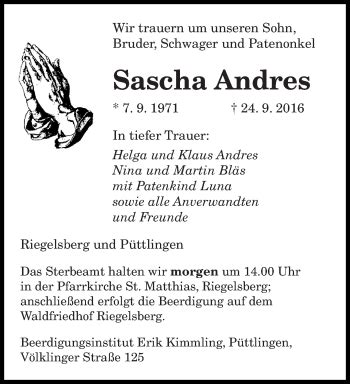 Traueranzeigen Von Sascha Andres Saarbruecker Zeitung Trauer De