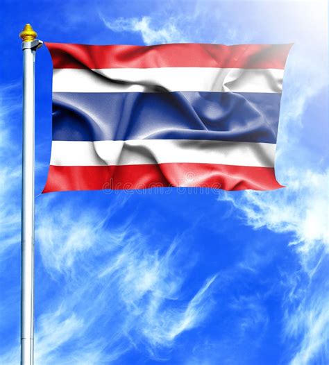 Blue Sky And Mast With Hanged Waving Flag Of Thailand Stock