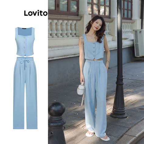 Lovito Elegant Plain Button Pants Sets For Women L77ED256 Lovito Set