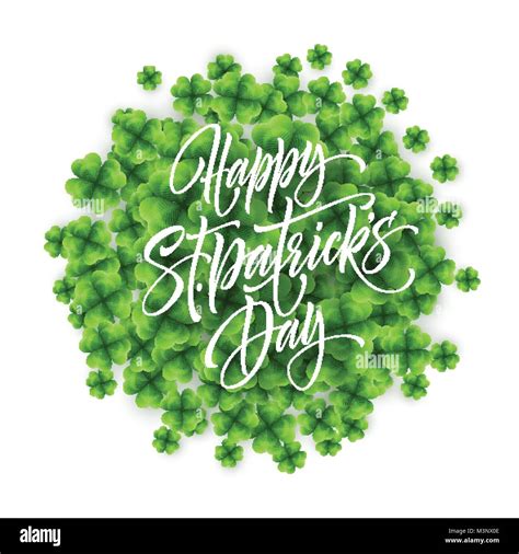 Happy Saint Patricks Day Greeting Lettering On Clovers Leaf Background