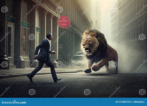 Accidental Meeting On The Street Between Lion And Businessman In Suit