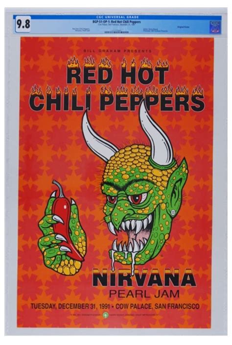 Cow Palace New Years Eve Pearl Jam Nirvana Red Hot Chili Peppers Concert Poster Cgc Graded
